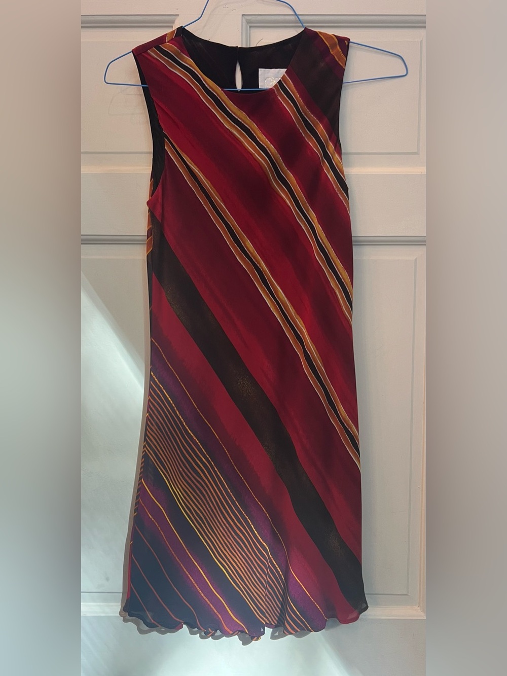 Cache Burgundy and Black Striped Mini Dress with Gold Accents